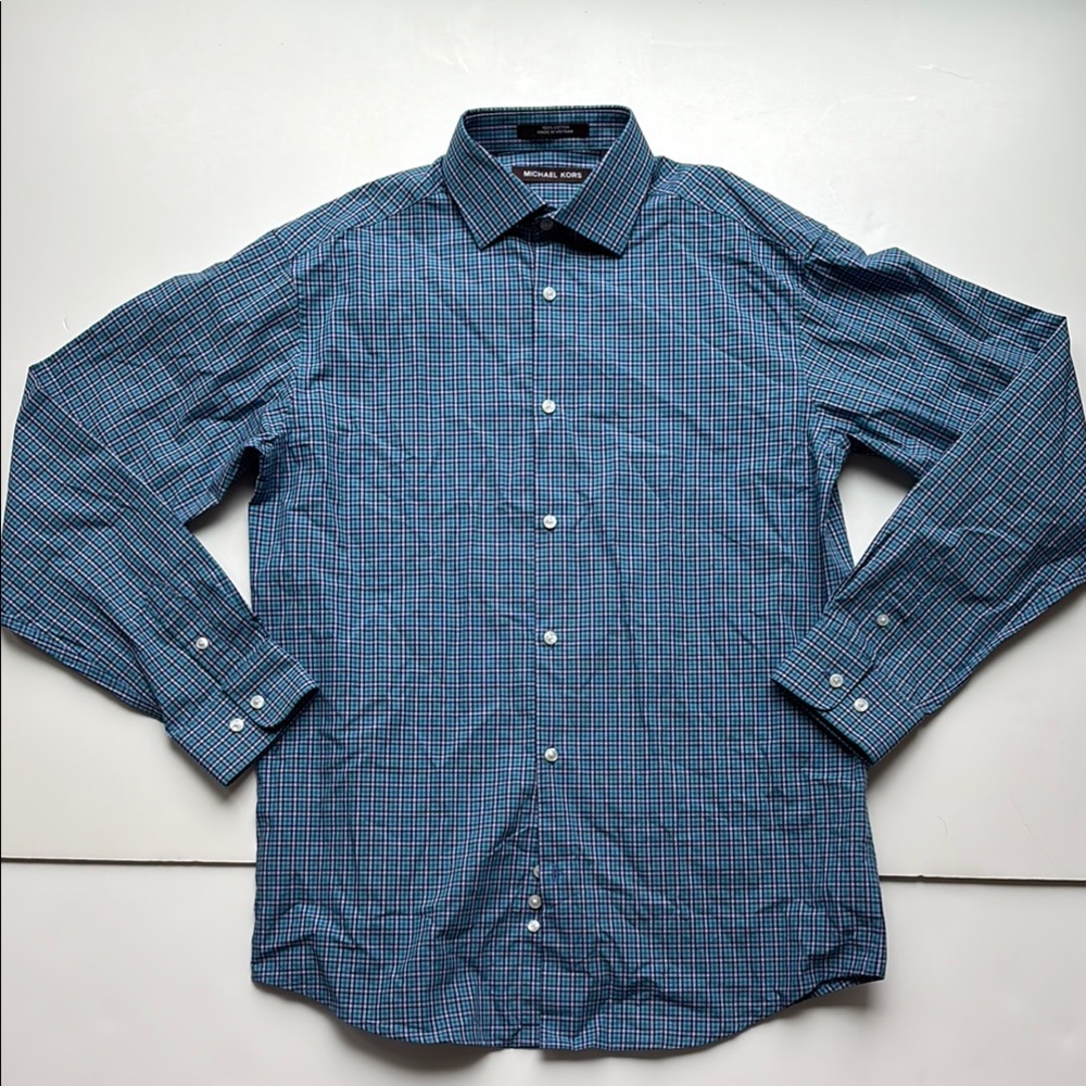 Michael Kors Blue plaid cotton Button Down dress Shirt boys kid sz 18 NWOT